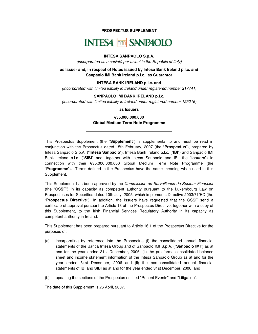 Prospectus Supplement Intesa