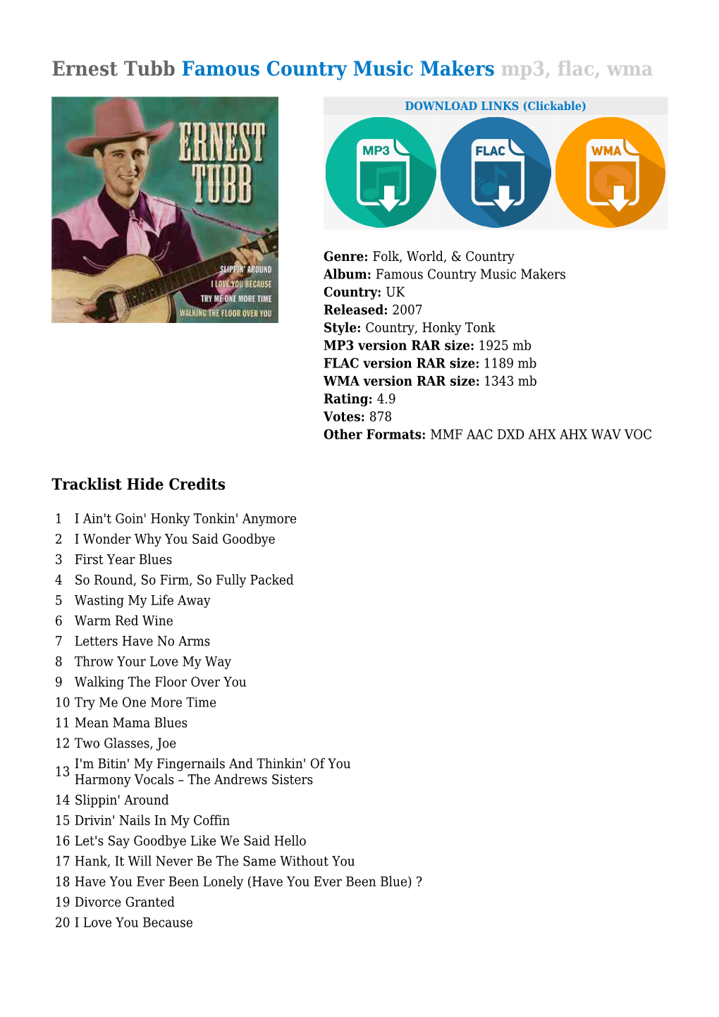 Ernest Tubb Famous Country Music Makers Mp3, Flac, Wma