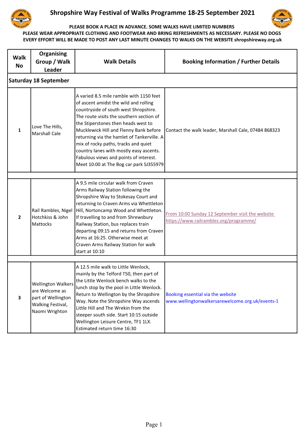 Shropshire Way Festival of Walks Programme 18-25 September 2021