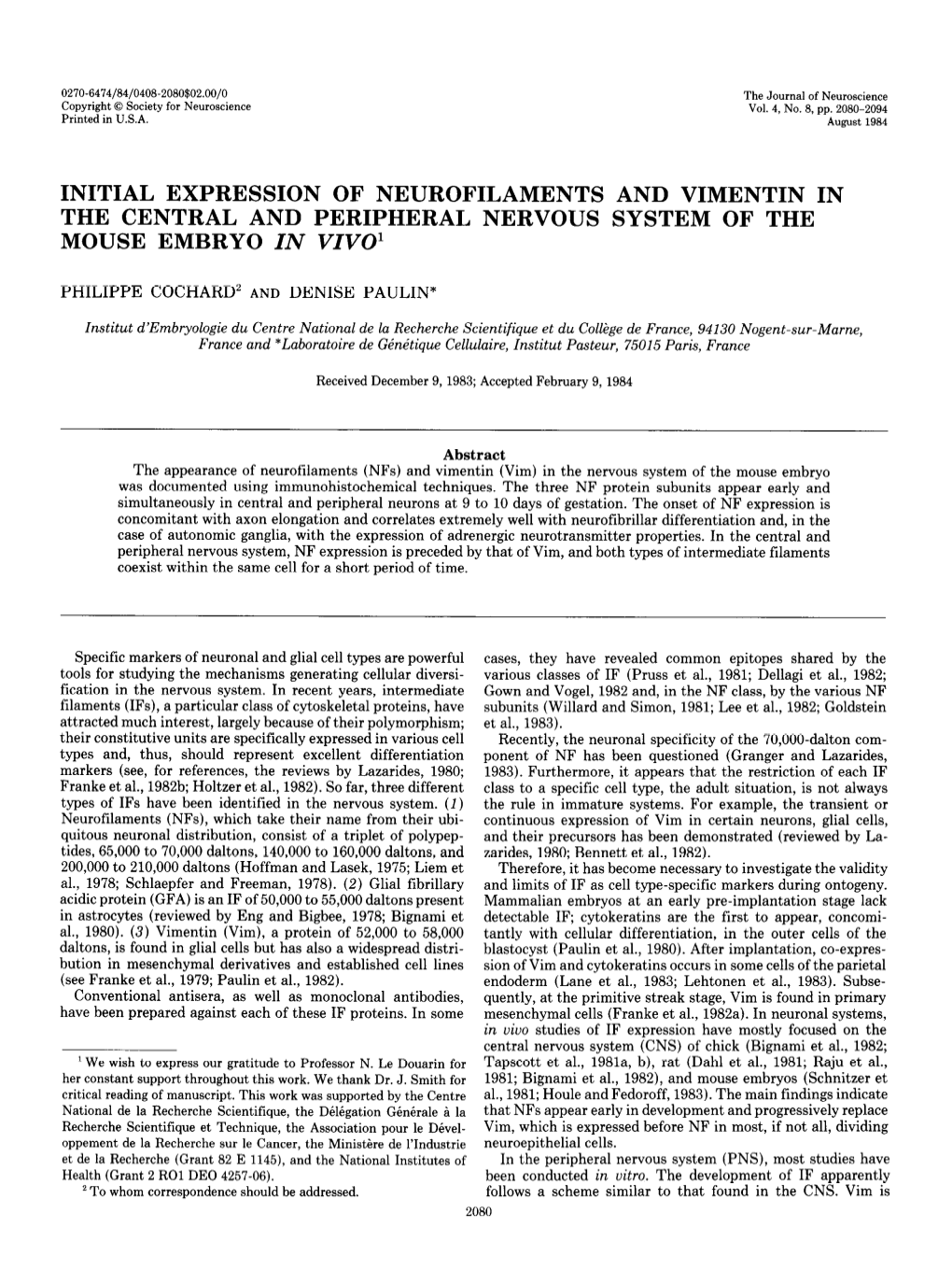 INITIAL EXPRESSION of NEUROFILAMENTS and VIMENTIN in the CENTRAL and PERIPHERAL NERVOUS SYSTEM of the MOUSE EMBRYO in Vivol