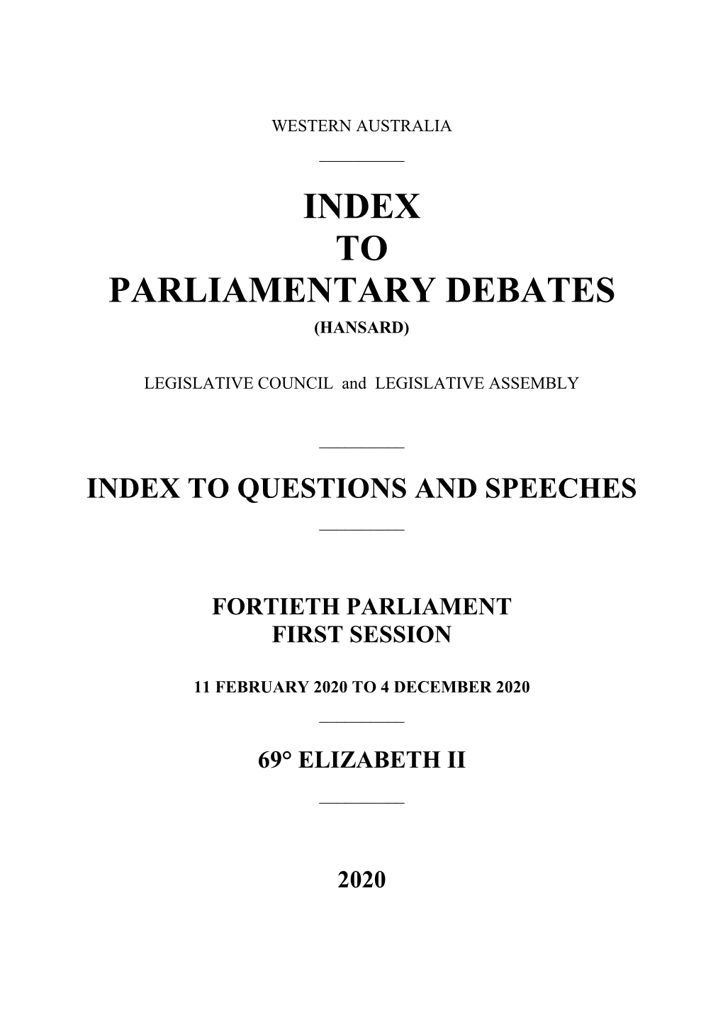 Index to Parliamentary Debates (Hansard)