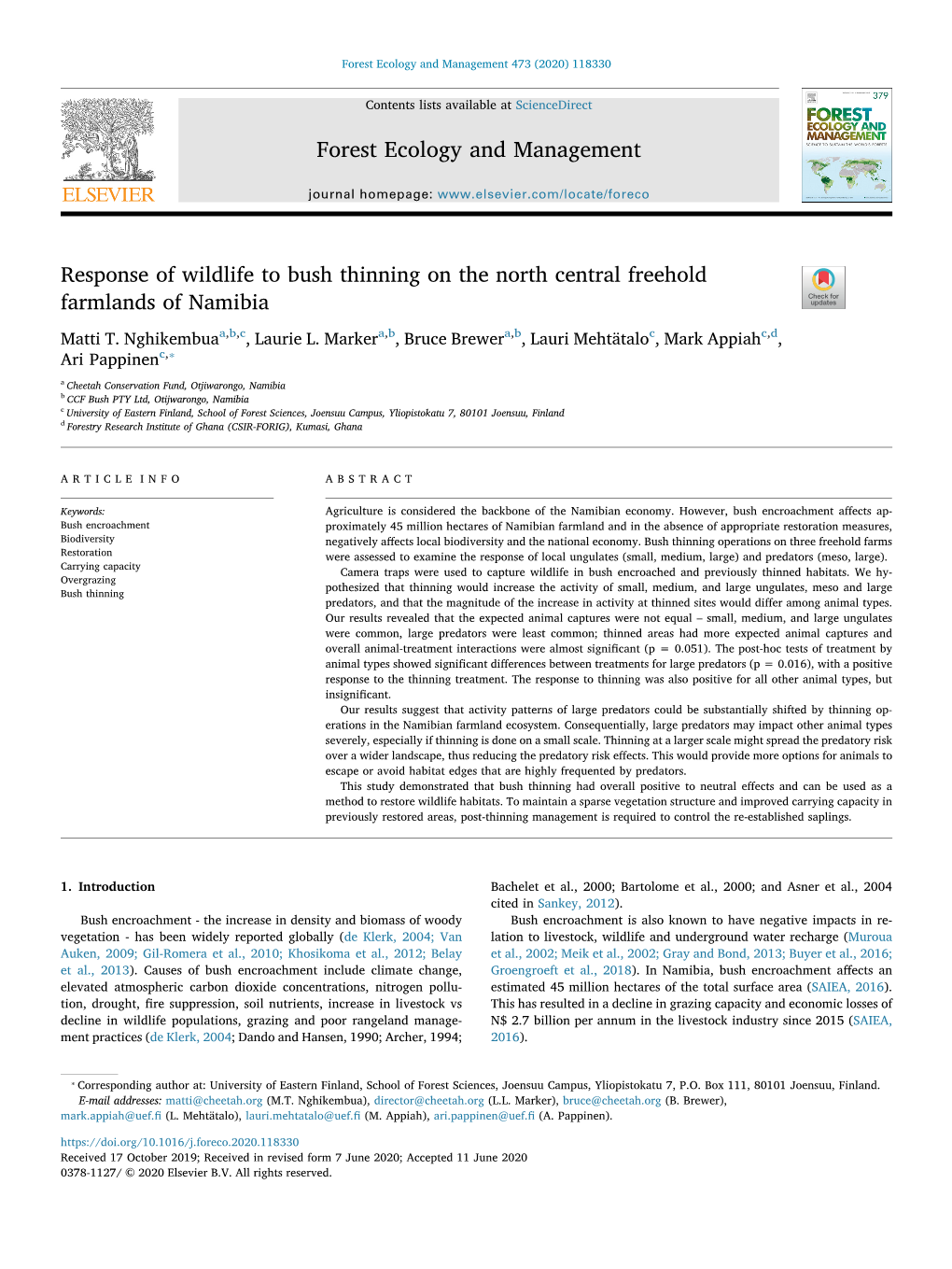 Response of Wildlife to Bush Thinning on the North Central Freehold Farmlands of Namibia T