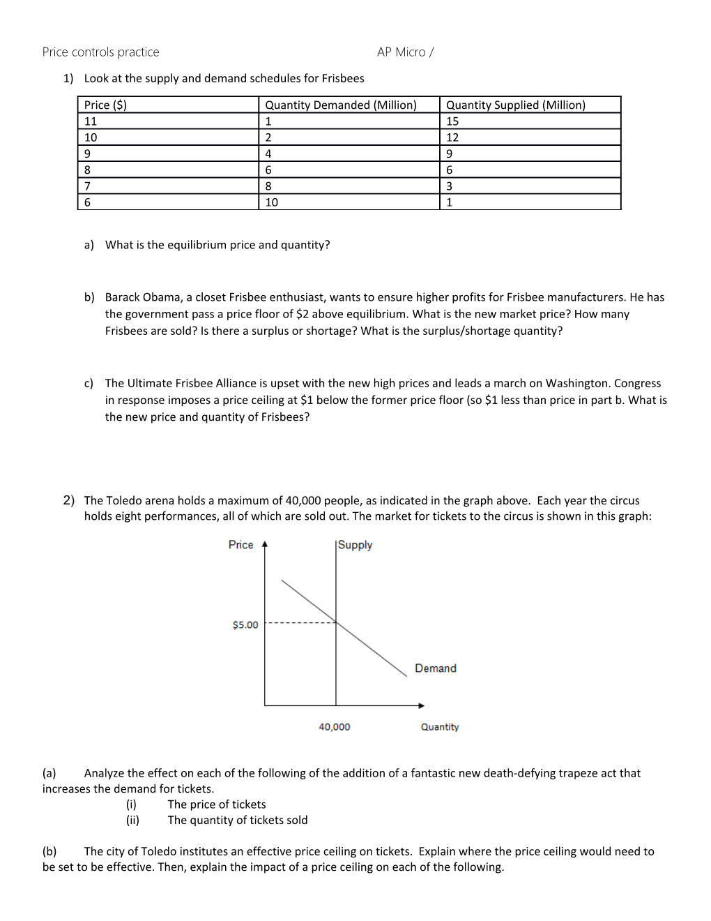 1)Look at the Supply and Demand Schedules for Frisbees