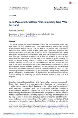 John Pym and Libellous Politics in Early Civil War England