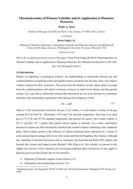 Thermodynamics of Element Volatility and Its Application to Planetary Processes Paolo A