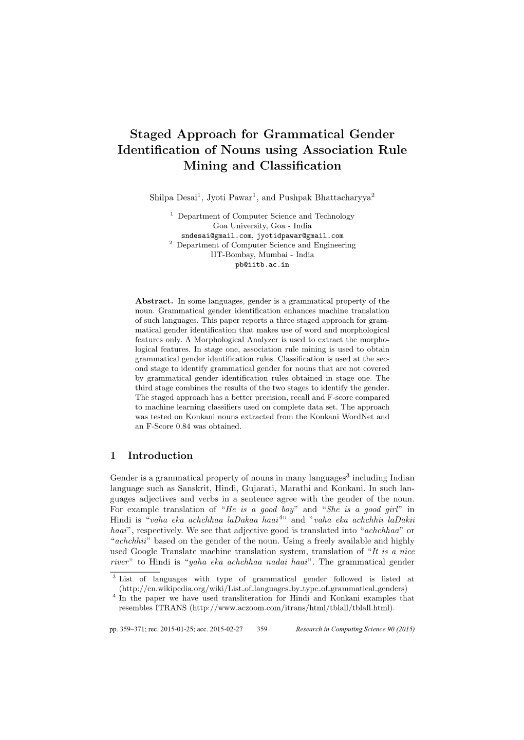 Staged Approach for Grammatical Gender Identification of Nouns Using Association Rule