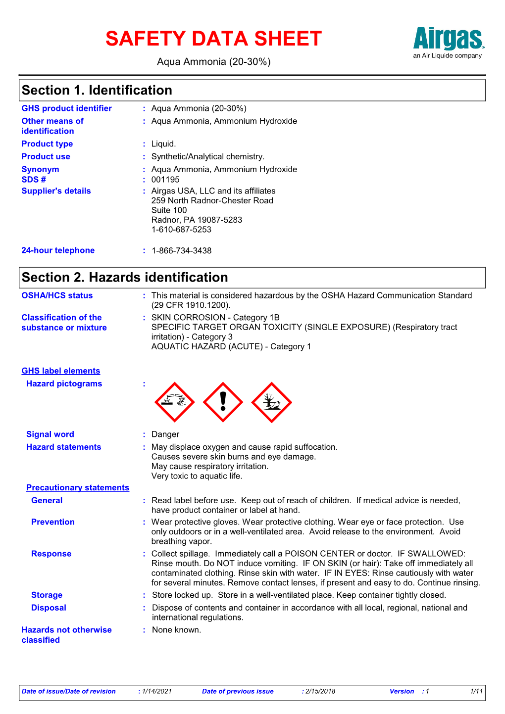 SAFETY DATA SHEET Aqua Ammonia (2030) DocsLib