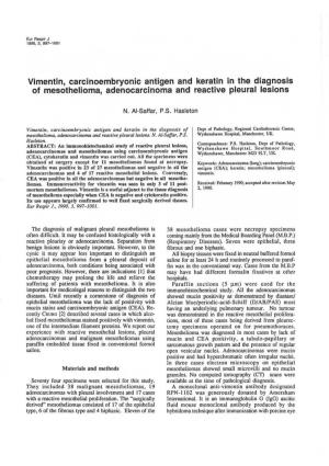 Vimentin, Carcinoembryonic Antigen and Keratin in the Diagnosis of Mesothelioma, Adenocarcinoma and Reactive Pleural Lesions