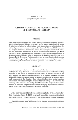 Joseph Ibn Kaspi on the Secret Meaning of the Scroll of Esther*