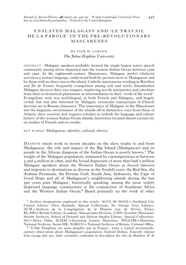 ENSLAVED MALAGASY and 'LE TRAVAIL DE LA PAROLE' in the PRE-REVOLUTIONARY MASCARENES the Johns Hopkins University DESPITE