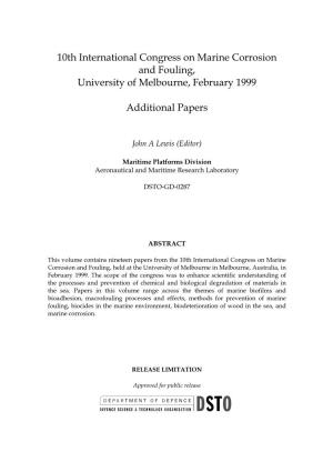 10Th International Congress on Marine Corrosion and Fouling, University of Melbourne, February 1999