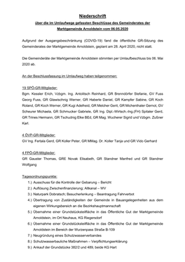 Niederschrift Über Die Im Umlaufwege Gefassten Beschlüsse Des Gemeinderates Der Marktgemeinde Arnoldstein Vom 06.05.2020
