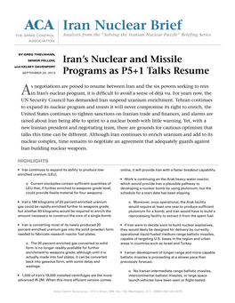 ACA Iran Nuclear Brief the ARMS CONTROL Analysis from the “Solving the Iranian Nuclear Puzzle” Briefing Series ASSOCIATION