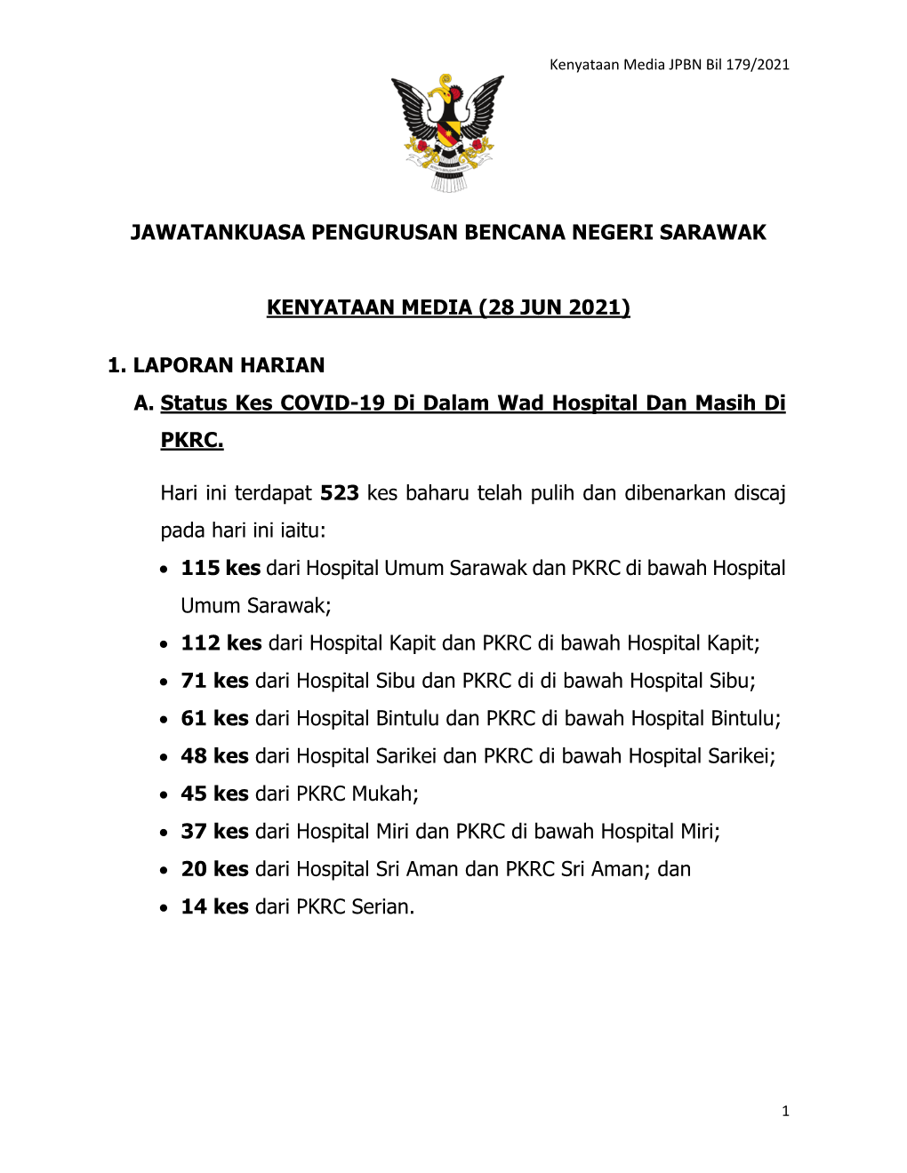 (28 JUN 2021) 1. LAPORAN HARIAN A. Status Kes COVID-19 Di Dalam W