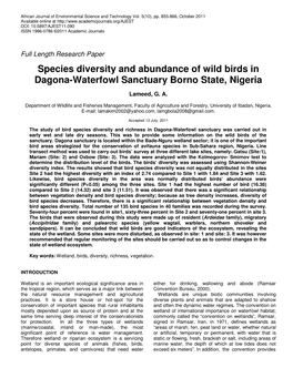 Species Diversity and Abundance of Wild Birds in Dagona-Waterfowl Sanctuary Borno State, Nigeria
