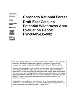 Coronado National Forest Draft East Catalina Potential Wilderness Area