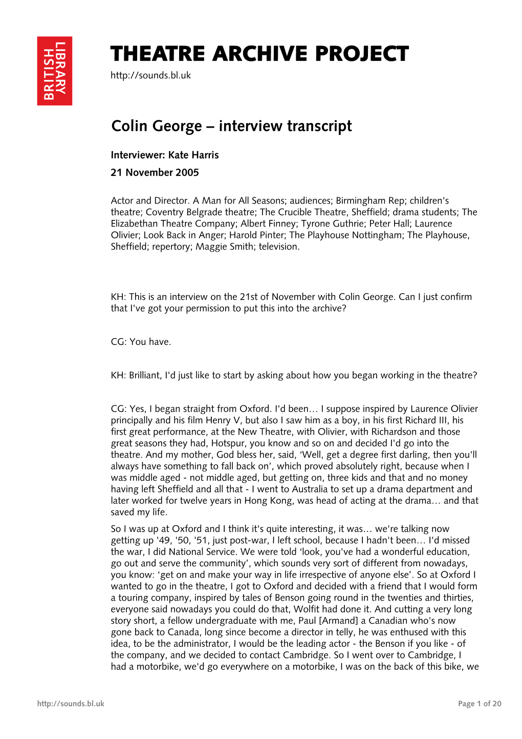 Theatre Archive Project: Interview with Colin George