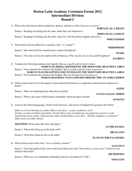 Boston Latin Academy Certamen Forum 2012 Intermediate Division Round 1