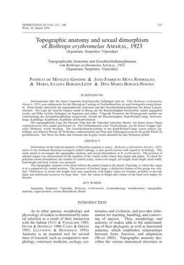 Topographic Anatomy and Sexual Dimorphism of Bothrops Erythromelas Amaral , 1923 (Squamata: Serpentes: Viperidae)