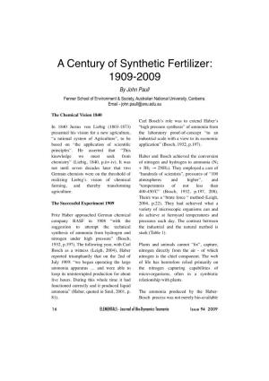 A Century of Synthetic Fertilizer: 1909-2009 by John Paull Fenner School of Environment & Society, Australian National University, Canberra