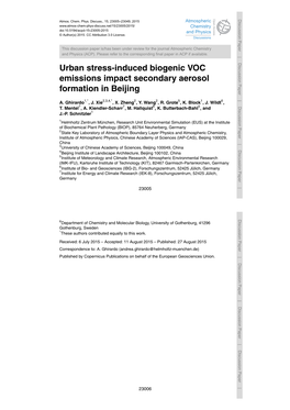 Urban Stress-Induced Biogenic VOC Emissions Impact Secondary Aerosol Formation in Beijing A