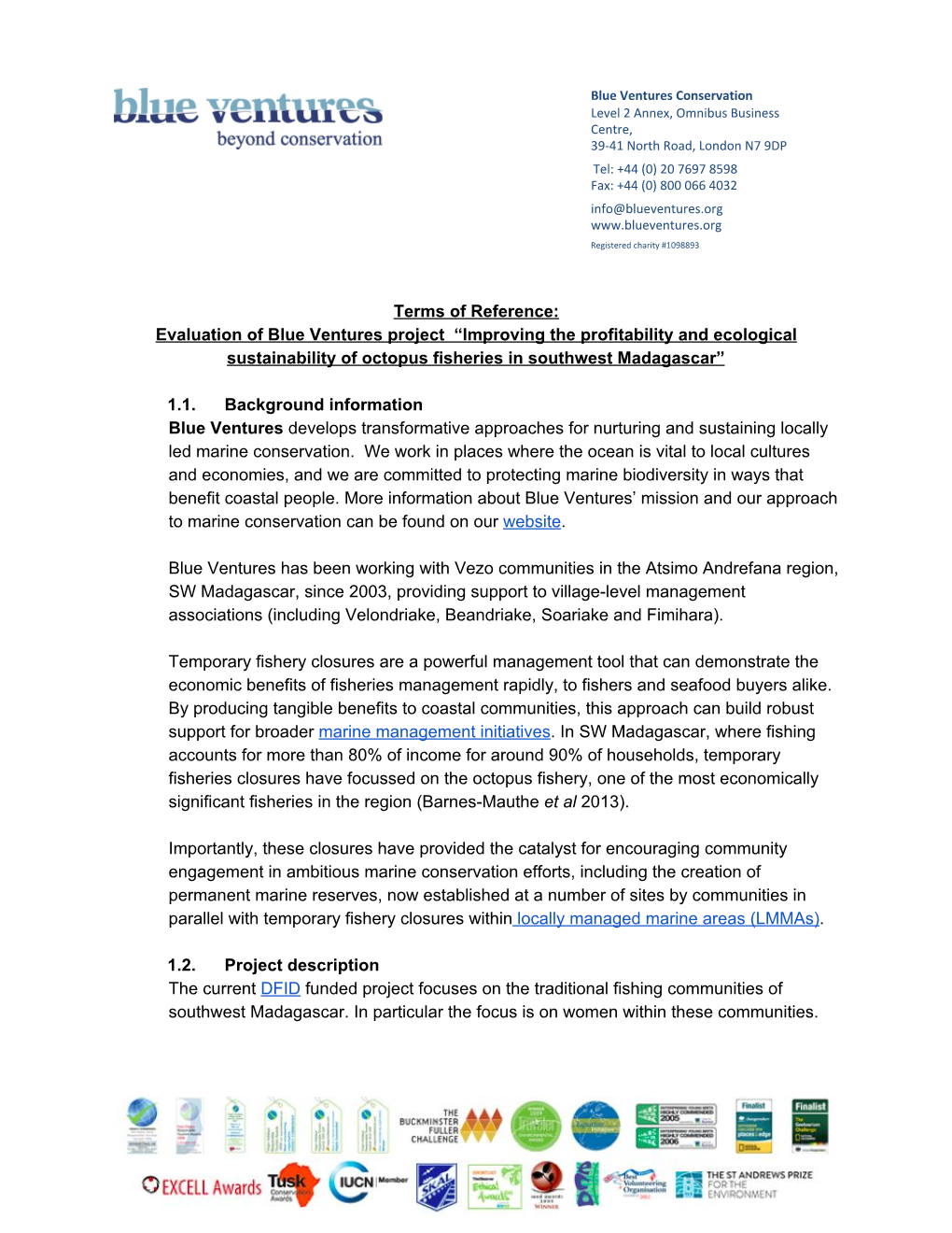 Terms of Reference: Evaluation of Blue Ventures Project “Improving the Profitability and Ecological Sustainability of Octopus Fisheries in Southwest Madagascar”