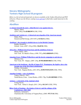 Slavery Bibliography Yonkers High School IB Program Abolition