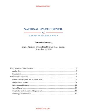 Transition Summary Users' Advisory Group of the National Space