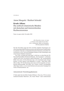 Anton Maegerle / Heribert Schiedel Krude Allianz Das Arabisch-Islamistische Bündnis Mit Deutschen Und Österreichischen Rechtsextremisten