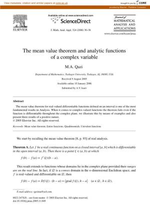 The Mean Value Theorem and Analytic Functions of a Complex Variable