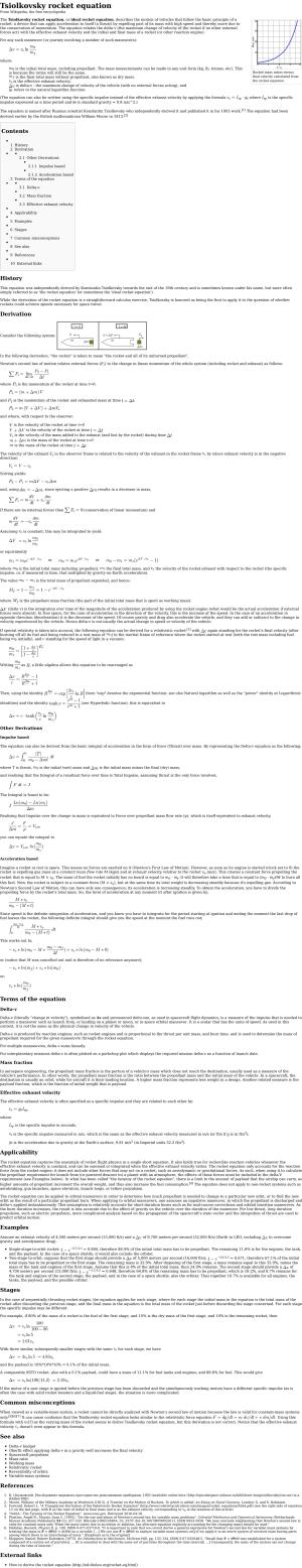 Tsiolkovsky Rocket Equation from Wikipedia, the Free Encyclopedia