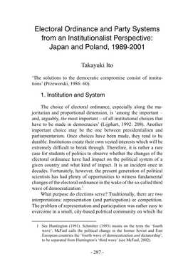 Electoral Ordinance and Party Systems from an Institutionalist Perspective: Japan and Poland, 1989-2001