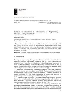 Iteration Vs Recursion in Introduction to Programming Classes: an Empirical Study
