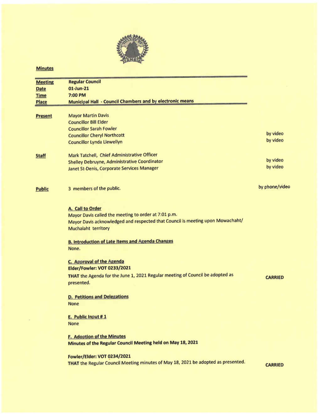 June 1, 2021 Regular Council Meeting Minutes