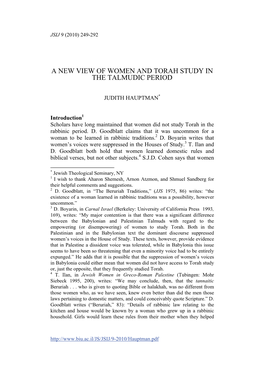 A New View of Women and Torah Study in the Talmudic Period