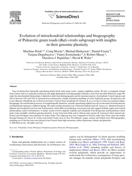 Evolution of Mitochondrial Relationships and Biogeography of Palearctic Green Toads (Bufo Viridis Subgroup) with Insights in Their Genomic Plasticity