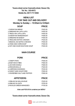 MENU LIST for TAKE out and DELIVERY Monday To