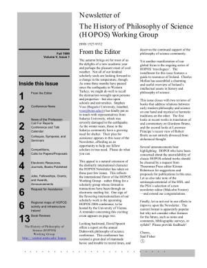 Newsletter of the History of Philosophy of Science (HOPOS) Working Group