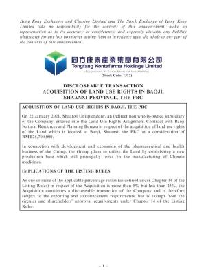 Discloseable Transaction Acquisition of Land Use Rights in Baoji, Shaanxi Province, the Prc