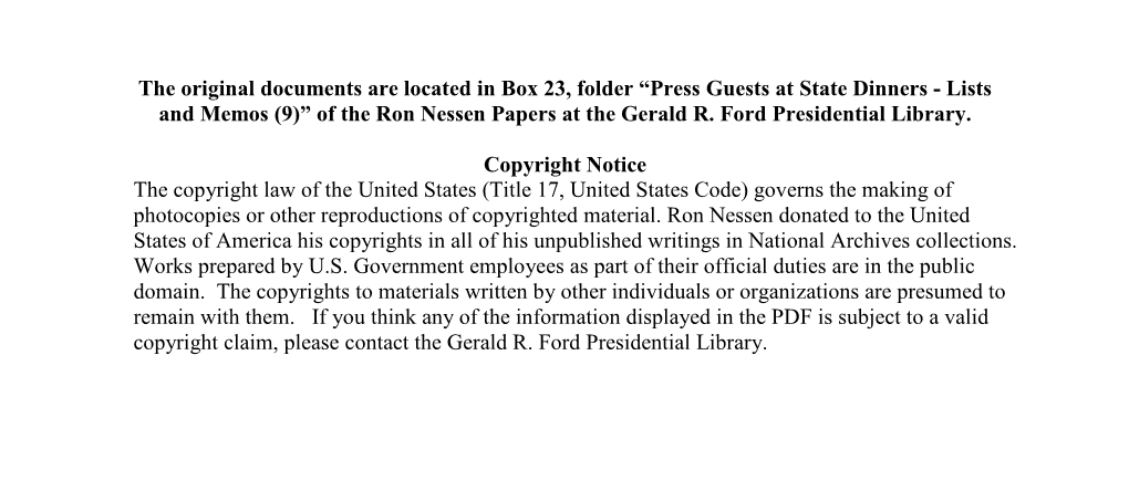 Press Guests at State Dinners - Lists and Memos (9)” of the Ron Nessen Papers at the Gerald R