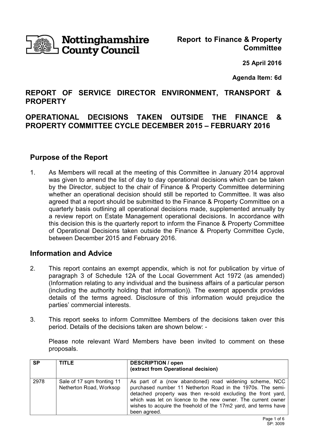 Operational Decisions Taken Outside the Finance & Property Committee Cycle December 2015 – February 2016