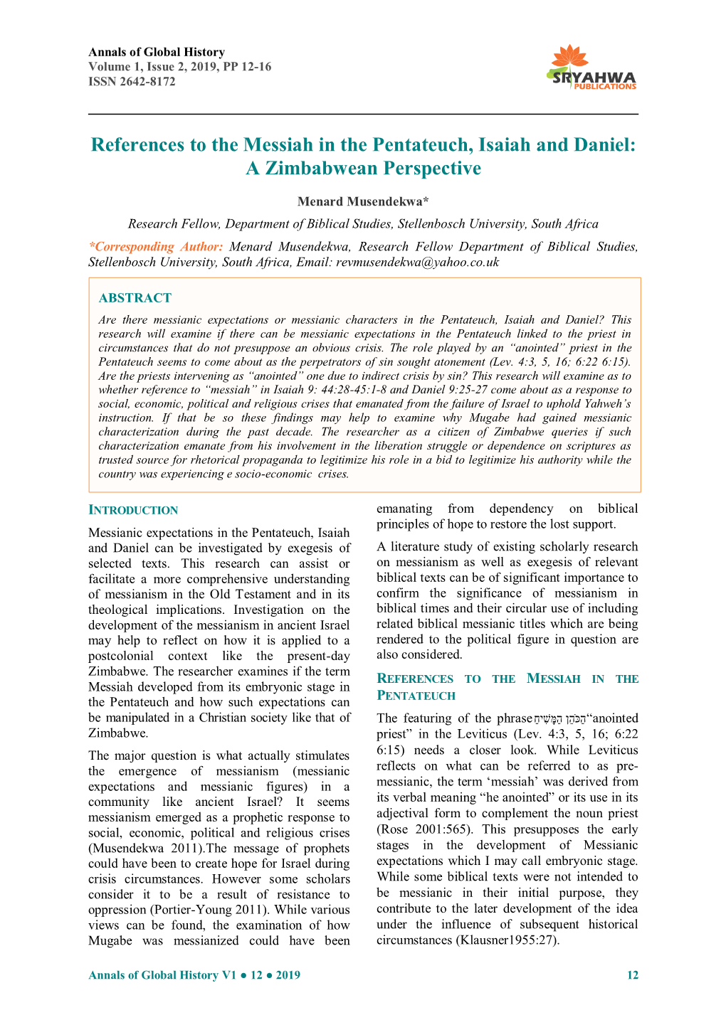 References to the Messiah in the Pentateuch, Isaiah and Daniel: a Zimbabwean Perspective