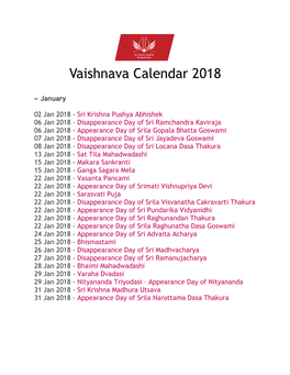 Vaishnava Calendar 2018