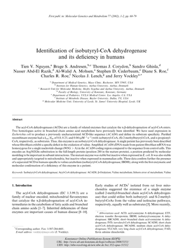 Identification of Isobutyryl-Coa Dehydrogenase and Its Deficiency