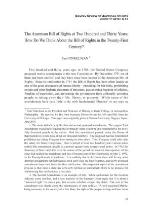 The American Bill of Rights at Two Hundred and Thirty Years: How Do We Think About the Bill of Rights in the Twenty-First Century?
