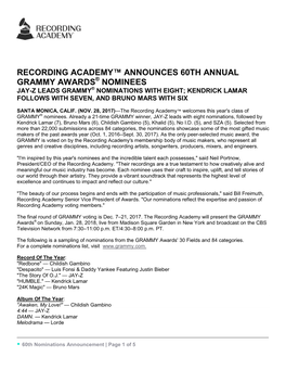 Recording Academy™ Announces 60Th Annual