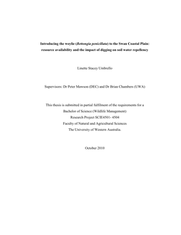 Introducing the Woylie (Bettongia Penicillata) to the Swan Coastal Plain: Resource Availability and the Impact of Digging on Soil Water Repellency