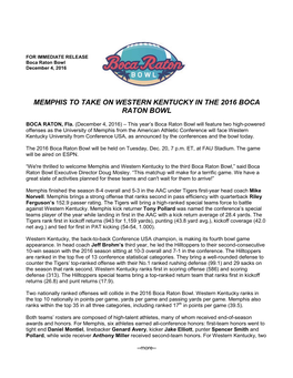 Memphis to Take on Western Kentucky in the 2016 Boca Raton Bowl