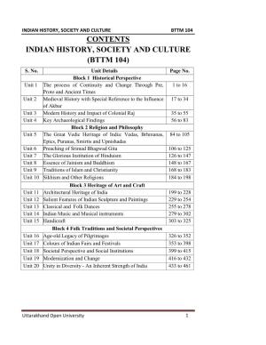 Contents Indian History, Society and Culture (Bttm 104) S