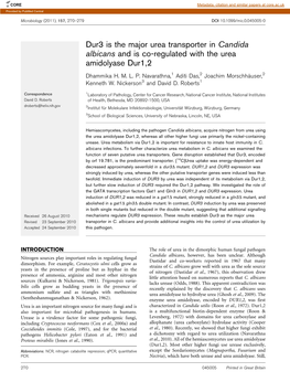 Dur3 Is the Major Urea Transporter in Candida Albicans and Is Co-Regulated with the Urea Amidolyase Dur1,2